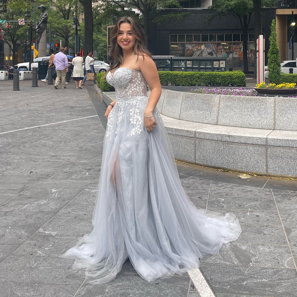 Very light blue silvering prom dress.